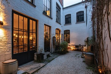 Fototapeta premium Quiet courtyard illuminated by string lights, showcasing a blend of modern and rustic design elements during twilight hours