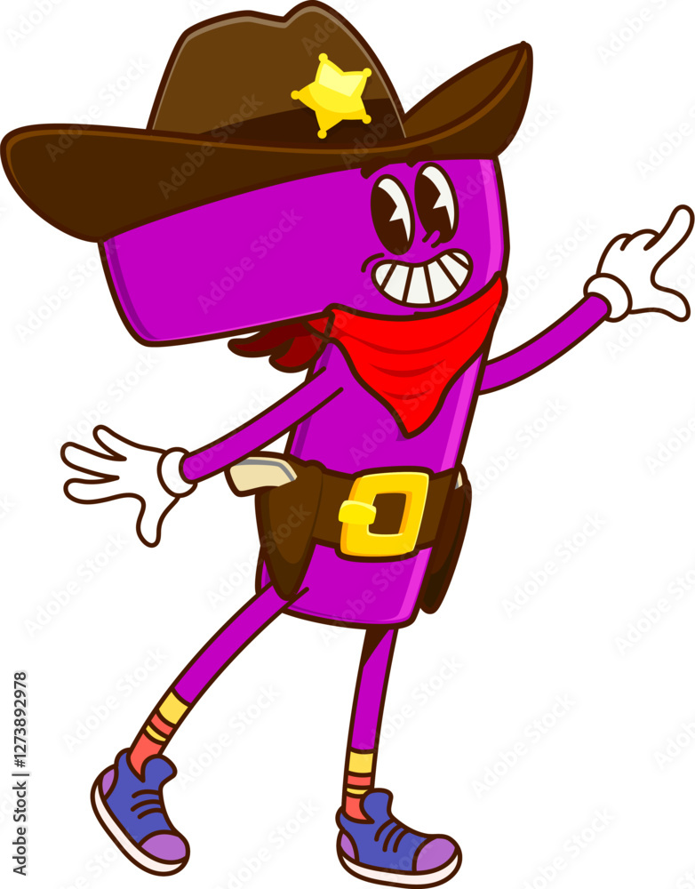 Poster cartoon groovy math number 7 as cowboy or sheriff character, vector mathematics symbol. groovy numbe