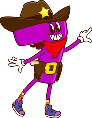 Cartoon groovy math number 7 as cowboy or sheriff character, vector mathematics symbol. Groovy number Seven 7 as Western bandit cartoon character in cowboy hat with sheriff star badge and guns