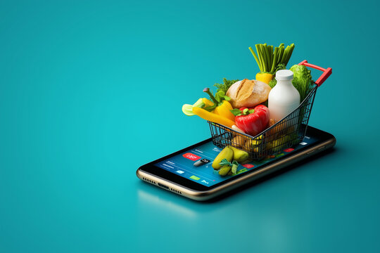 modern smartphone displaying grocery shopping app with shopping cart filled with fresh vegetables, fruits, and milk. This represents convenience of online grocery shopping - Powered by Adobe