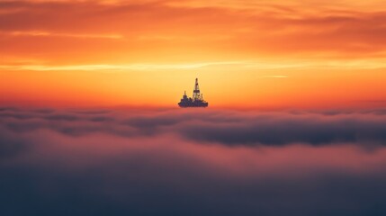 Offshore oil rig at sunset above the clouds.