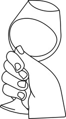 Hand raising a glass of wine or champagne for holiday celebration theme, celebratory toast and clinking glasses, line illustration. Human hands raising glasses with alcohol.