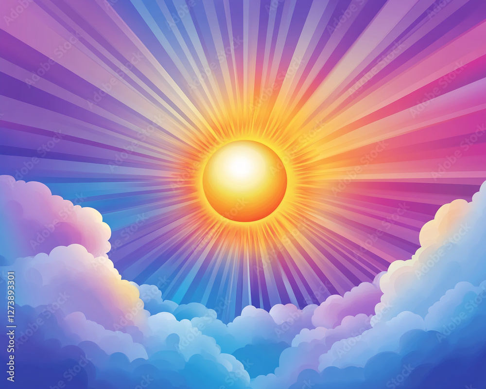 Aufkleber a vibrant digital illustration of a bright sun shining with colorful rays over soft clouds, creating