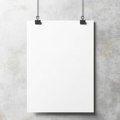 Mockup of a white poster hanging on two "black metal clips" on a gray concrete wall