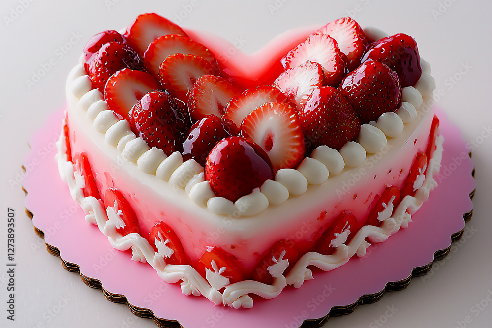 Poster  heart-shaped strawberry cream cake