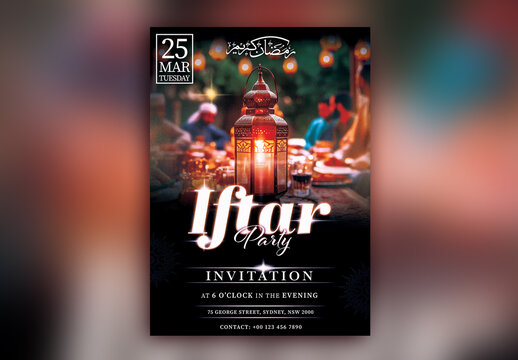 Editable Iftar Party Flyer or Invitation Card with Time, Date and Venue Details.