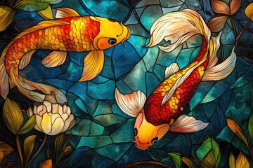 Vivid Koi Fish Swim Amongst Aquatic Plants