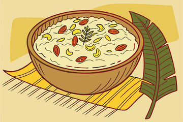  Rice dish, creamy risotto, raisins, cashews, saffron, green leaf garnish, wooden bowl, banana leaf backdrop, rich golden color, close-up food photography, soft lighting, textured grains, aromatic s
