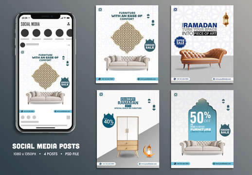 Editable Ramadan Sale Social Media Posts Set Mockup for Furniture Shopping.