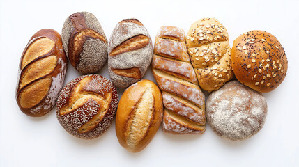 a close up of fresh baked different types of bread with sesame seeds and flour  isolated on white background 