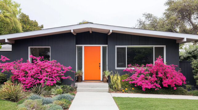 Timeless mid century modern house with orange front door and vibrant flowers