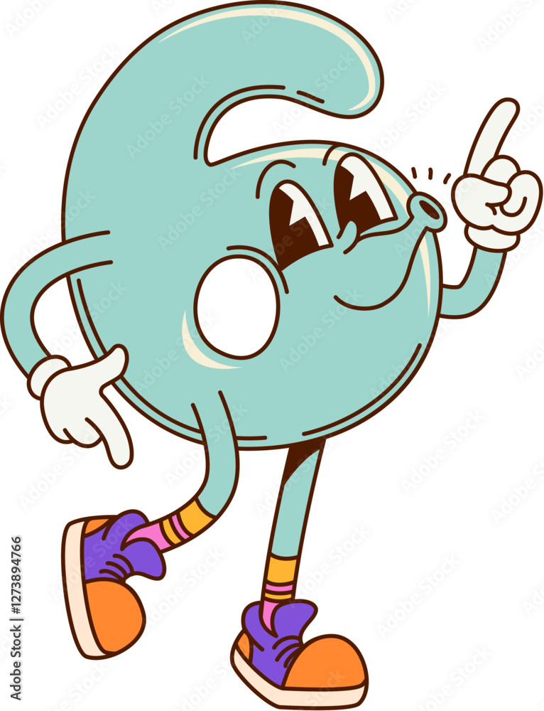 Poster groovy math number six character. mathematics number cartoon cute character. school math digit comic