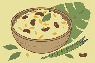  Rice dish, creamy risotto, raisins, cashews, saffron, green leaf garnish, wooden bowl, banana leaf backdrop, rich golden color, close-up food photography, soft lighting, textured grains, aromatic s