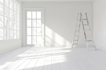 Minimalist white room with ladder natural light