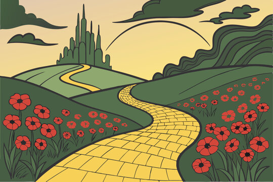  Fantasy landscape, yellow brick road, field of red poppies, emerald city, distant green spires, rolling hills, golden sunset, vibrant colors, dramatic sky, whimsical, fairy tale, Wizard of Oz inspi