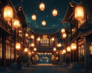 Obraz premium a Chinese courtyard at night, with glowing lanterns hanging from traditional wooden beams and casting a soft light on the ancient architecture.