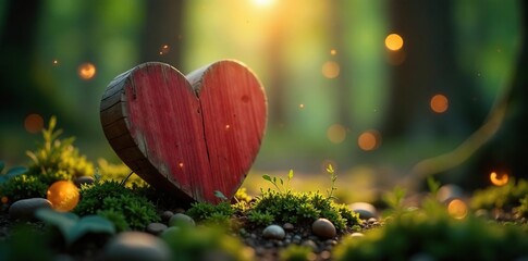 A wooden heart placed on a forest floor with soft glowing orbs around it, surreal, orb, atmosphere