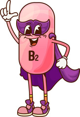 Cartoon groovy vitamin b2 superhero character. Isolated vector pink Riboflavin pill wearing purple cape and mask, confidently posing with a hand gesture, promotes health and wellness with heroic twist