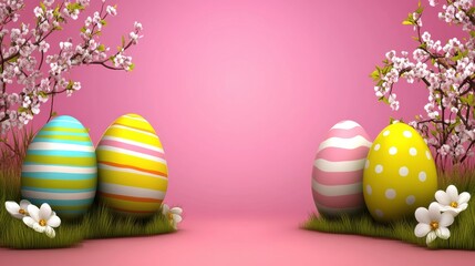 Striped Easter Eggs with Floral and Grass Decoration on a Pink Background for Easter Holiday