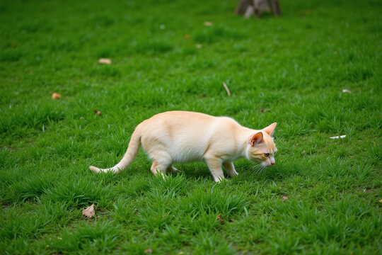 Cream colored cat on green grassy area