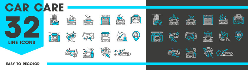 Car care line icons include signs of car wash, waxing, polishing, tire maintenance, and salon cleaning services and care activities. Vector linear elements collection in black and blue colors