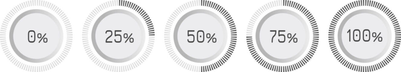 Clean, minimalist progress indicators showing 0%, 25%, 50%, 75%, and 100% completion. Perfect for websites, apps, or presentations needing a simple, modern loading bar or percentage display.