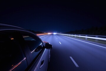 Car driving on highway at night headlights on blurred background