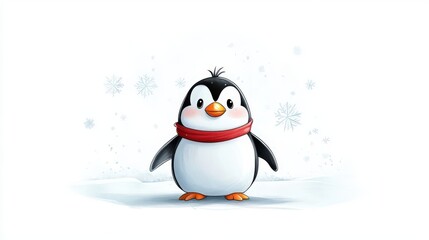 Fototapeta premium Cute cartoon penguin with red scarf on snowy background