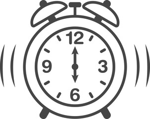 Simple, stylish line art illustration of a ringing alarm clock showing twelve oclock.  Perfect for websites, apps, or presentations needing a clean, modern timekeeping graphic.