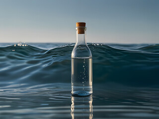 A crisp and serene minimalist photography style features a solitary transparent glass bottle of water with subtle, gentle waves rippling on its surface, contrasting beautifully against a calm, solid