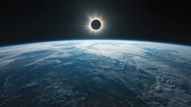 A dramatic view of the solar eclipse from space, showing the moon blocking the sun and casting a dark shadow over the vibrant Earth below.