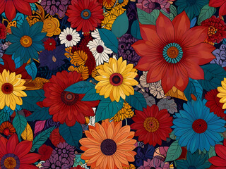 A vibrant and detailed illustration of large, colorful flowers with petals in shades of red, yellow, white, and pink. The flowers are surrounded by abstract patterns and swirls in a variety of colors