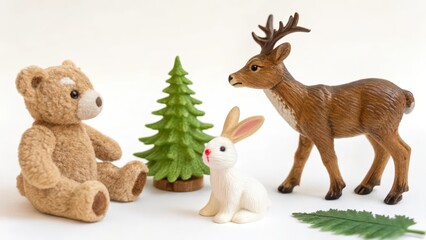 Fototapeta premium Toy Animals and Tree on White Background