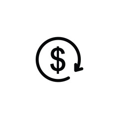 cash back icon, price save or refund cost, money back, spin arrow around dollar coin, thin line vector illustration