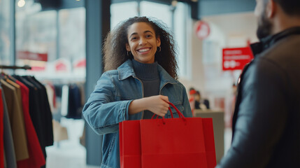 Cheerful young woman in jeans jacket smiling while holding red shopping bags in trendy clothing store. Shopping excitement, retail experience and customer satisfaction.