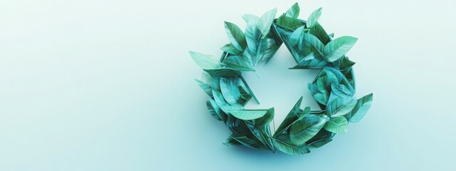 Glowing green recycling symbol made of leaves on a clean background. Generative AI