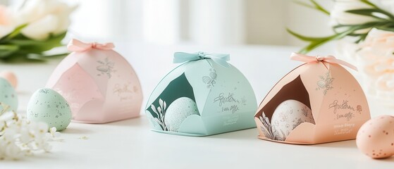 A variety of colored boxes containing eggs are arranged neatly on a table, showcasing a festive and vibrant display suitable for celebrations.