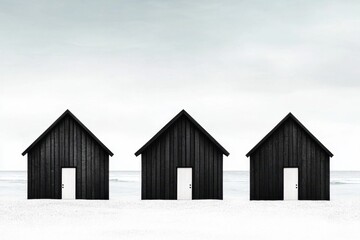 Obraz premium Three wooden houses the sea on cloudy day