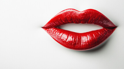 Obraz premium Glossy red lips on white background, showcasing beauty and elegance