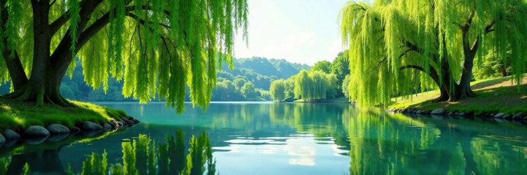 Calm lake with weeping willow branches and ripples, willow, foliage, nature - Powered by Adobe
