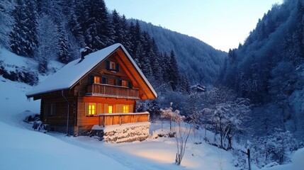 Fototapeta premium Cozy Wooden Cabin Nestled In Snowy Mountainside