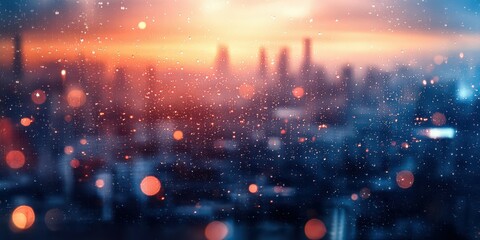 Fototapeta premium City skyline with raindrops creating a dreamy atmosphere during sunset over downtown area