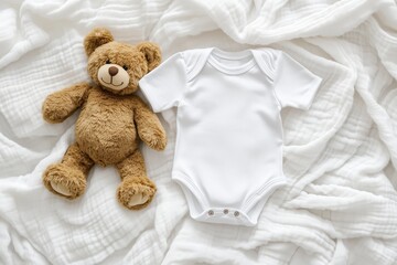 Fototapeta premium White cotton baby short sleeve bodysuit, toy teddy bear on white linen blanket throw background. Blank infant onesie mockup template. Top view
