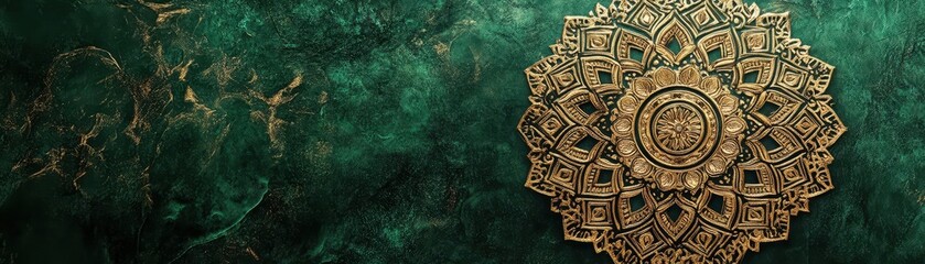 Ornate golden mandala on a rich green brocade, spiritual and sophisticated luxury