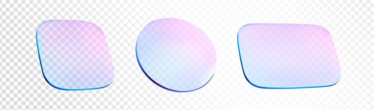 3d holographic glass circles, rectangle, square plate, lens. Flying crystal shape hologram effect. Glassmorphism figure. Blue purple gradient 3d shape prism effect. Vector realistic illustration