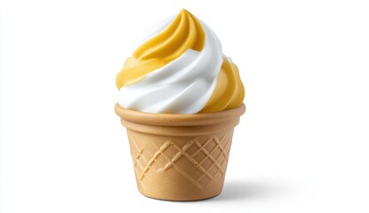 A swirl of creamy white and yellow soft serve ice cream rests in a light brown waffle cone against a plain white background. The ice cream is well
