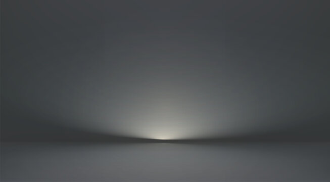 Grey studio room background. Abstract gray limbo backdrop. Empty dark gradient scene for product presentation. Black showroom bg. Vector illustration