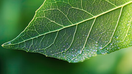 Fototapeta premium Green Leaf Veins Dewdrops Closeup Nature