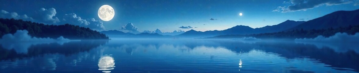 Obraz premium Clouds float lazily across a tranquil lake under moonlit skies, tranquil, calm, dreamy