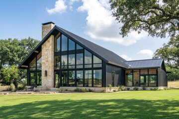 Obraz premium Modern architectural design featuring a spacious home with large windows set in a lush green landscape on a sunny day near a peaceful rural area